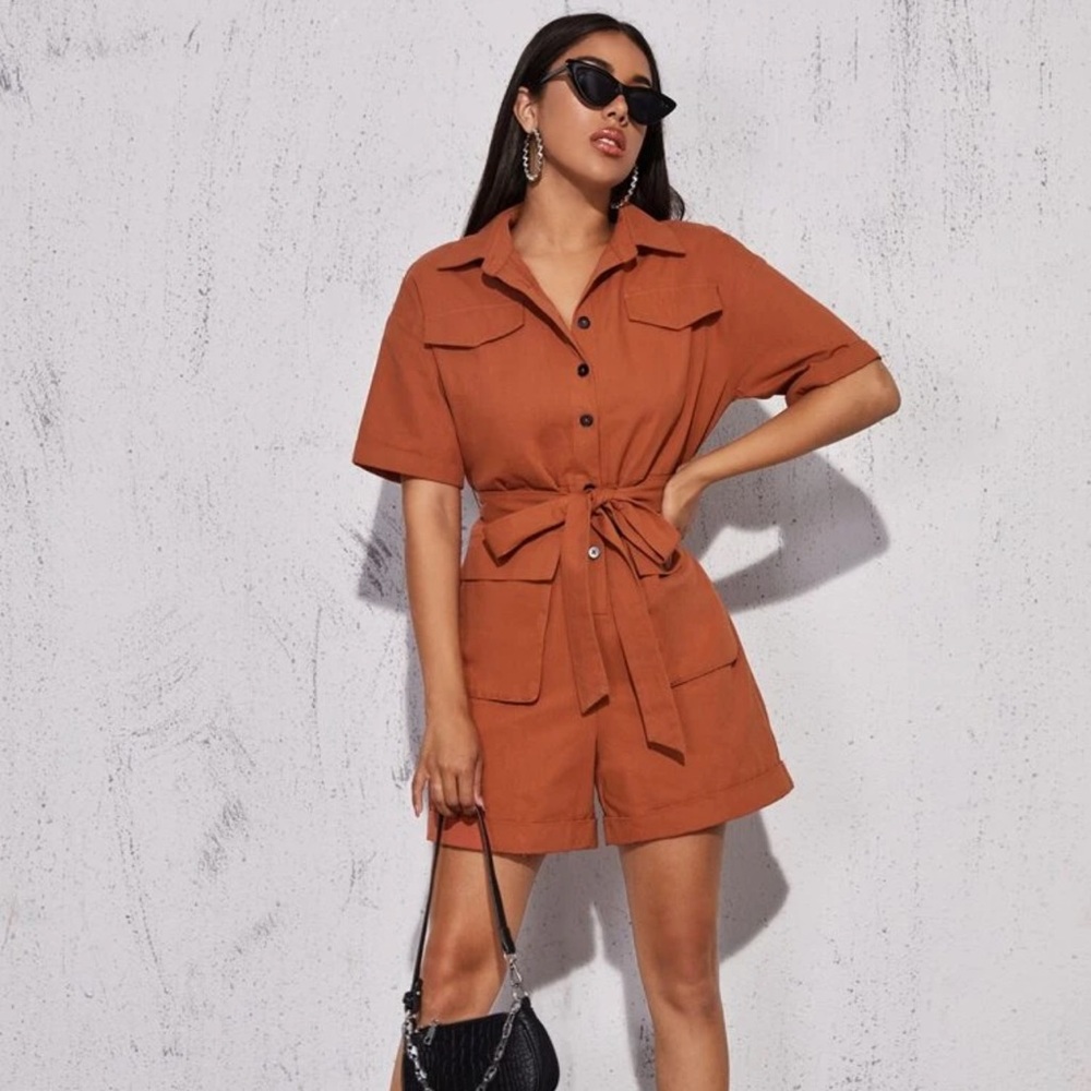 Shein Flap Pocket Front Self Belted Cuffed Romper